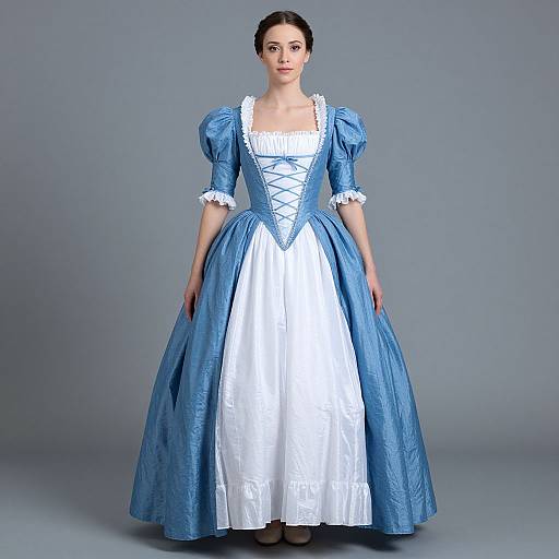 Photograph of a woman in a blue and white, puffed-sleeve, corseted, Victorian-style gown with lace trim, standing against