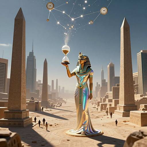 Digital art of an Egyptian goddess in a metallic, blue-and-gold dress, holding a chalice, standing in a futuristic cityscape with pyramids