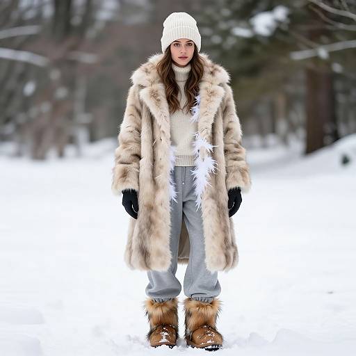 Photograph of a young woman with long brown hair, wearing a white knit beanie, fur coat, gray sweater, high-waisted pants,