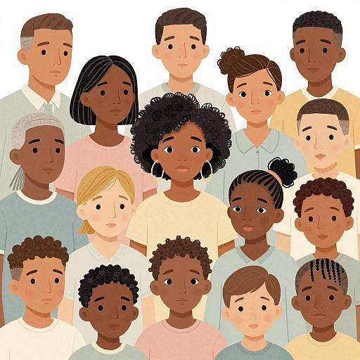 Illustration of diverse group of 15 children and adults with varied skin tones, hair styles, and expressions, wearing casual clothes, standing closely together against