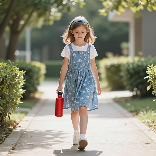 Sunlit Stroll: Young Girl in Floral Dress