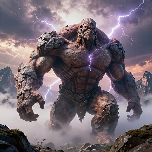 Colossal Muscle Creature in Fantasy Landscape