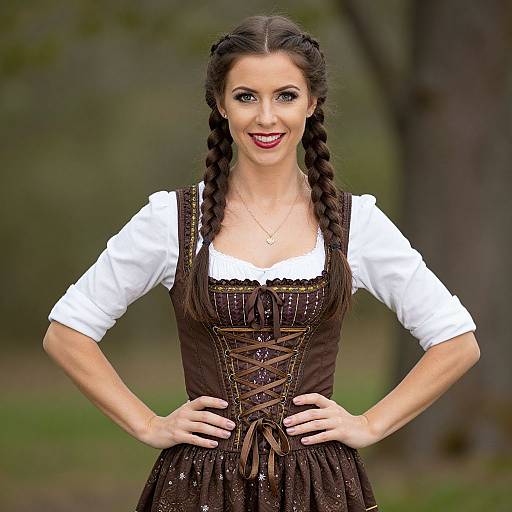 Photograph of a smiling woman with braided brown hair, wearing a white blouse and brown, lace-up, medieval-style dress, standing outdoors with hands