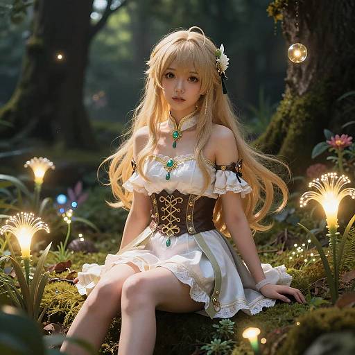 Digital anime-style photograph of a blonde girl with long hair, wearing a white and black lace fantasy dress, sitting in a moonlit forest with glowing flowers