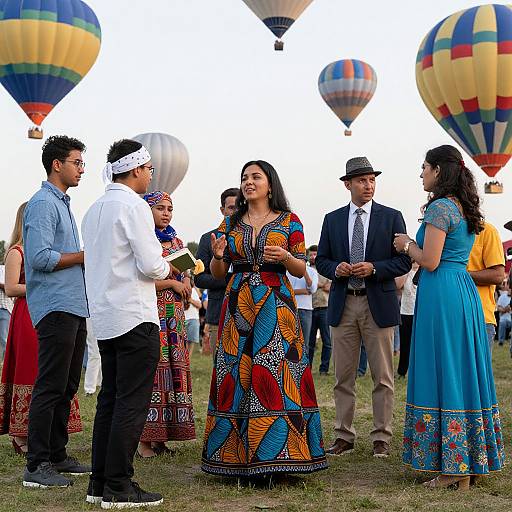 Photograph of diverse group in colorful traditional attire, including women in vibrant dresses and men in suits and hats, standing in grassy field with multiple colorful