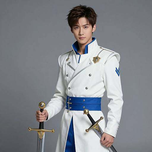Photograph of an Asian man with short, messy black hair, wearing a white military-style coat with blue trim, holding a sword in his right hand