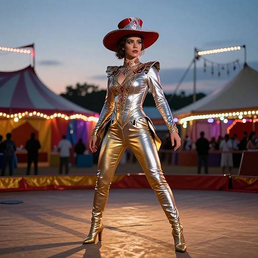 Photograph of a confident woman in a shiny silver jumpsuit, red hat, and gold boots, standing on a circus stage at dusk with colorful tents
