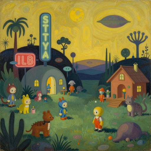 Alien Retro Toys in a Lush Landscape