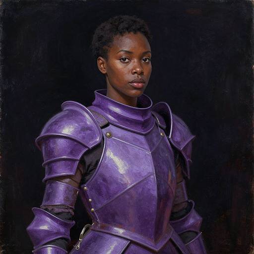 Photorealistic painting of a young Black woman in shiny purple medieval armor, standing against a dark background, looking forward with a serious expression.