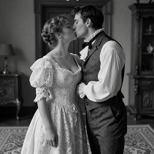 Victorian-Era Passionate Embrace in B&W