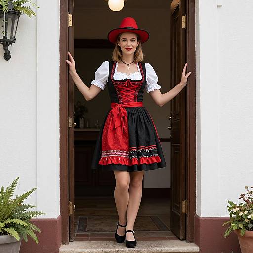 Photograph of a blonde woman in a red hat, black and red dirndl dress with white blouse, standing in a doorway.
