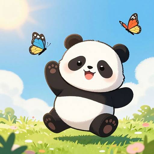 Cute digital illustration of a chubby black-and-white panda joyfully jumping in a grassy field, playing with two colorful butterflies against a bright blue sky