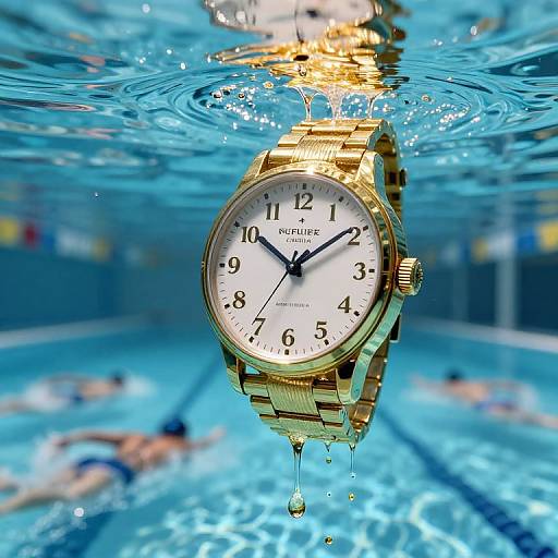 Photograph of a gold Rolex watch with black numbers, submerged underwater, ripples surrounding it, blurred swimmers in the background.