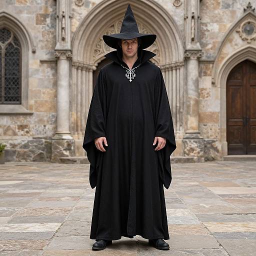 Photograph of a man in a long black wizard robe and pointed hat, standing in front of a medieval stone church.