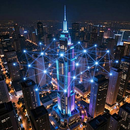 Aerial photograph of New York City's skyline at night, with the Empire State Building illuminated in blue and purple lights, connected by a network of bright
