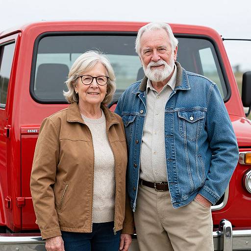 Photograph of an elderly couple standing in front of a red pickup truck. The woman wears glasses, a brown jacket, and white sweater; the man
