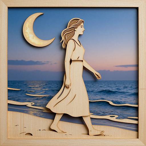 Wooden relief artwork of a woman in a flowing dress walking on a beach at twilight, with a crescent moon and ocean in the background.