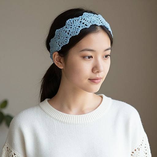 Photograph of an Asian woman with fair skin, black hair in a ponytail, wearing a light blue crocheted headband and white sweater,