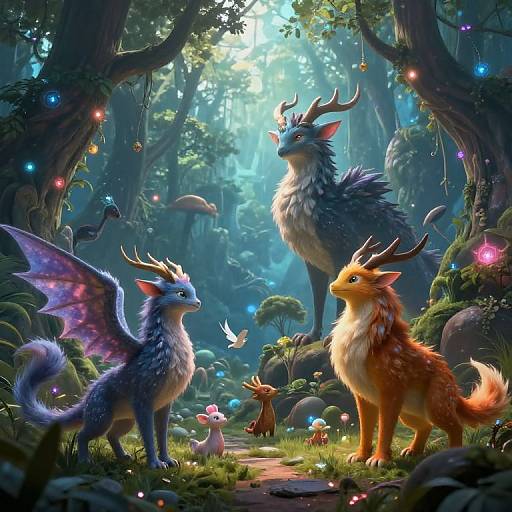 Fantasy forest scene: three mythical creatures with wings, horns, and fur stand among glowing mushrooms and trees, surrounded by fairy lights. Digital art.