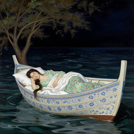 Digital art of a woman with long brown hair, wearing a floral green dress, sleeping in a white, blue-floral boat on dark water under a