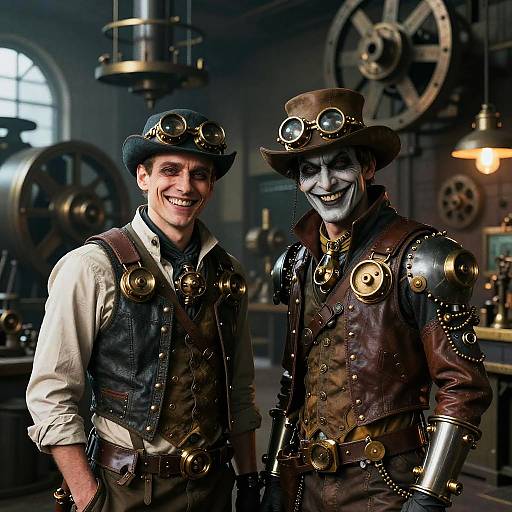 Steampunk Inventors in Mechanical Factory