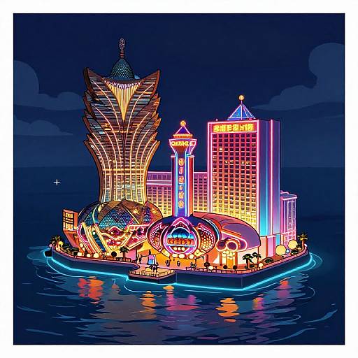 Digital illustration of a neon-lit futuristic island city with a towering, cat-shaped skyscraper, colorful buildings, and a Ferris wheel, surrounded by