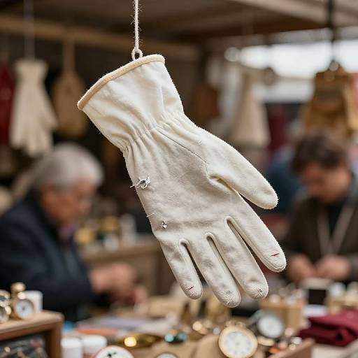 Photograph of a white, slightly worn leather glove hanging in a busy, blurred market stall with people and various objects.