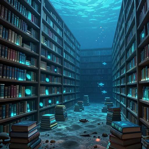 Digital artwork of a vast, blue-lit, underwater library with towering shelves of glowing books, scattered stacks on the sandy floor, and shimmering light