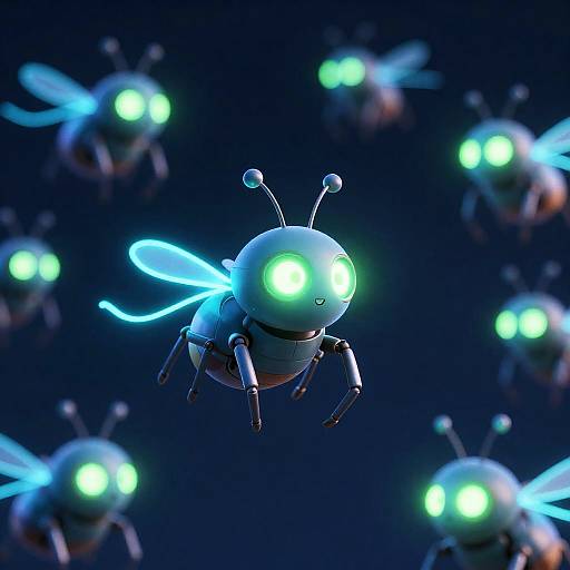 Glowing Insect Robots in Neon Darkness