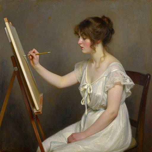 Realistic painting of a fair-skinned woman with brown hair in an updo, wearing a white lace dress, painting on an easel.