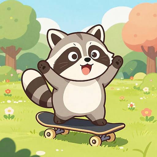 Cute cartoon raccoon riding skateboard, arms raised, smiling, in sunny, colorful meadow with trees and flowers, digital illustration.
