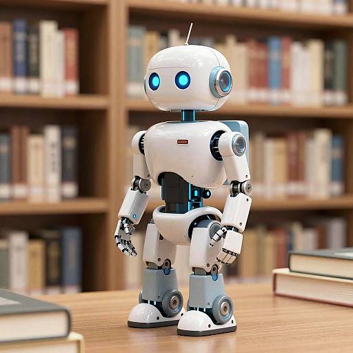 Photorealistic CGI of a white, humanoid robot with blue glowing eyes standing on a wooden table in a library, surrounded by bookshelves.