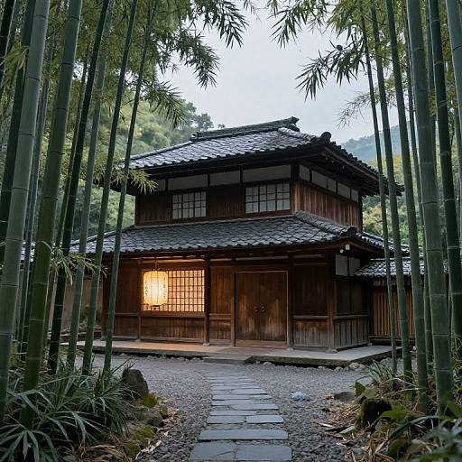 Photograph of a traditional Japanese wooden house with a tiled roof, illuminated by a warm light, surrounded by tall bamboo trees and a stone pathway.