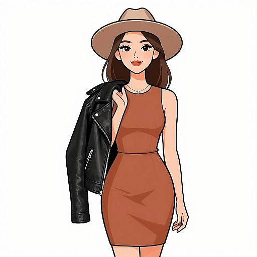 Digital illustration of a stylish woman with fair skin, brown hair, wearing a beige hat, brown sleeveless dress, and black leather jacket, standing against