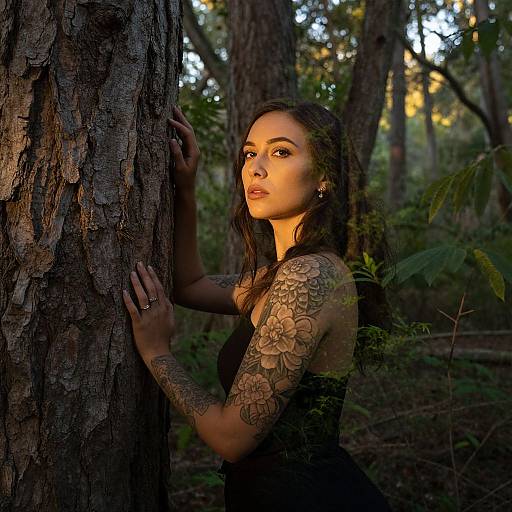 Photograph of a tattooed woman with dark hair, wearing a black sleeveless top, standing in a forest, leaning against a tree, illuminated by