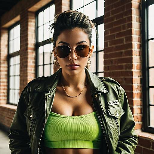 Confident Woman in Leather Jacket and Neon Green Tube Top