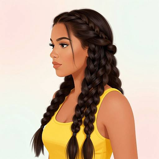 Digital illustration of a young woman with tan skin, long black braided hair, wearing a yellow tank top, looking to the side.