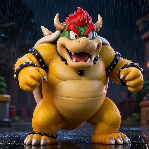 CGI image of Bowser from Mario series, standing in the rain with a fierce expression, yellow fur, red hair, black spiked bracelets, and