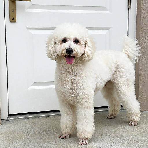 White Poodle Standing in Front of Door