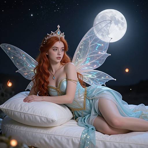 Photograph of a red-haired fairy princess with transparent wings, tiara, and blue gown, lying on white pillows under a full moon.