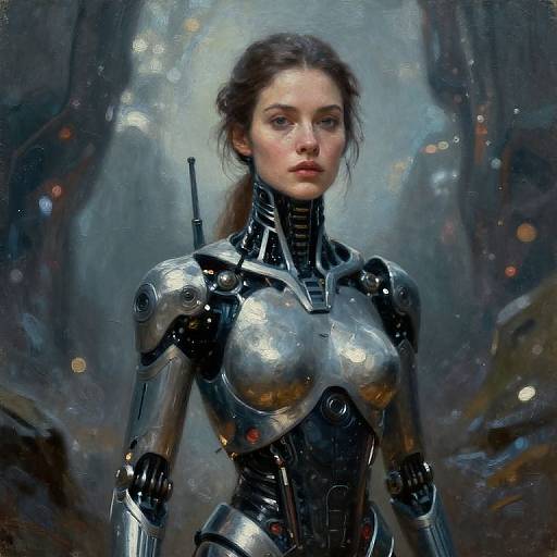 Digital painting of a young woman with fair skin, brown hair in a ponytail, wearing a shiny, metallic cybernetic armor with illuminated accents,