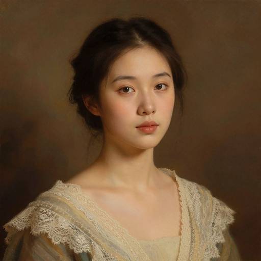 Photorealistic portrait of an East Asian woman with fair skin, black hair in a simple updo, lace-trimmed dress, and soft brown