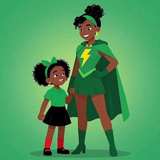 Cartoon illustration of a smiling Black mother and daughter in green superhero costumes, standing against a green gradient background.