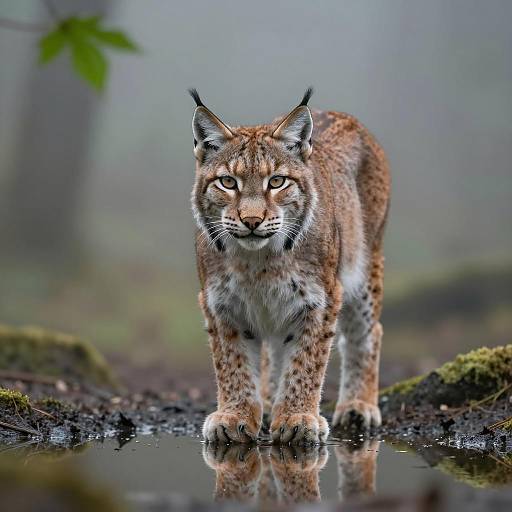 Lynx in Misty Forest Reflection