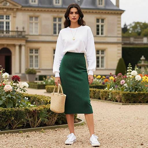 Photograph of a young woman with long dark hair, wearing a white long-sleeve top, green ribbed skirt, and white sneakers, holding