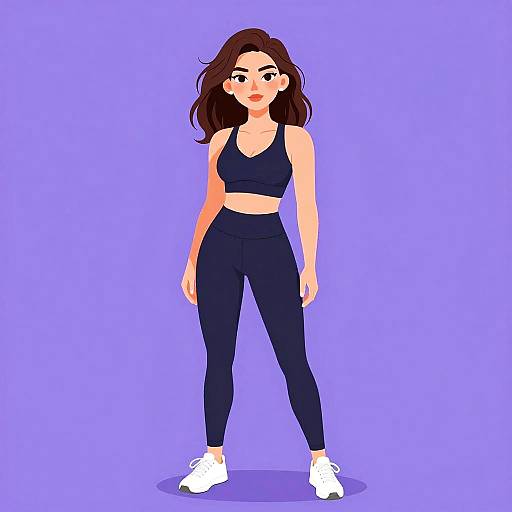 Digital illustration of a young woman with brown hair, wearing a black sports bra and high-waisted navy leggings, white sneakers, standing against a solid