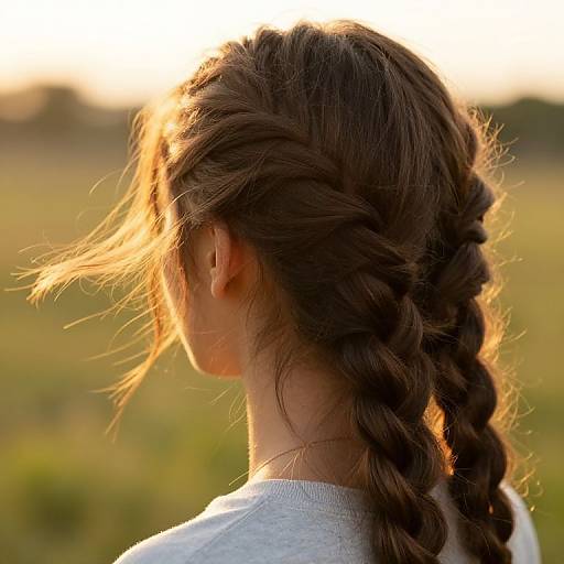 Photograph of a young woman with a long, braided brown hair, lit by golden sunset, wearing a light gray shirt, facing away.
