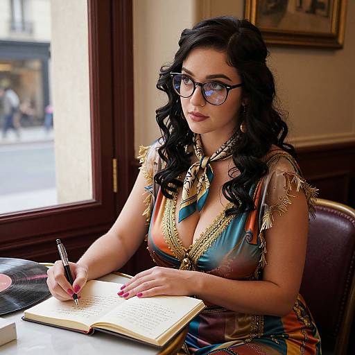 Photograph of a dark-haired woman with glasses, wearing a colorful, low-cut dress with gold trim, writing in an open book at a window table