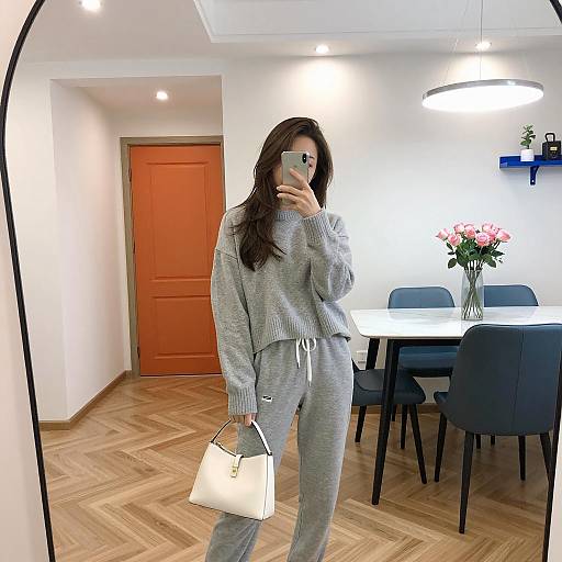 Woman in Gray Sweats Taking Mirror Selfie