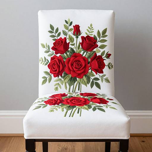 Photograph of a white upholstered chair with vivid red rose and green leaf floral pattern, set against a light gray wall on wooden floor.